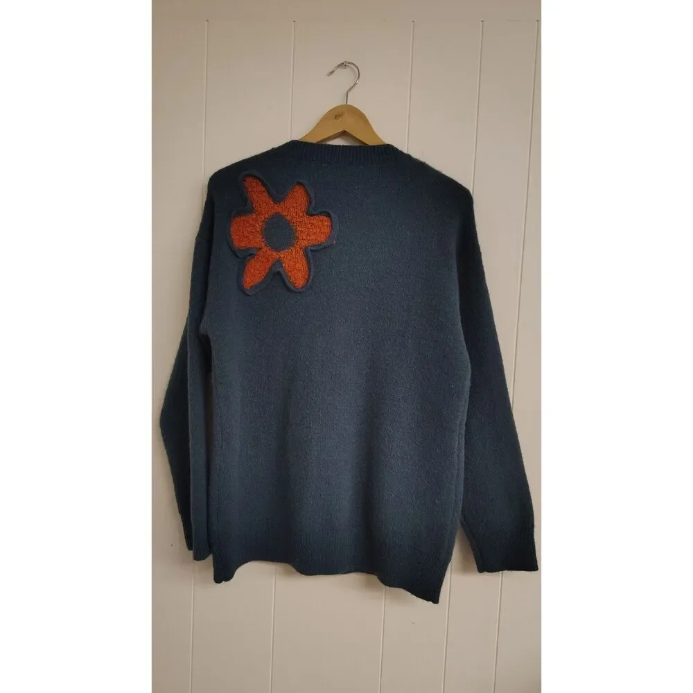 Jodifl Women's Size Large Blue Knit Sweater with 3D Orange Appliqué Flowers